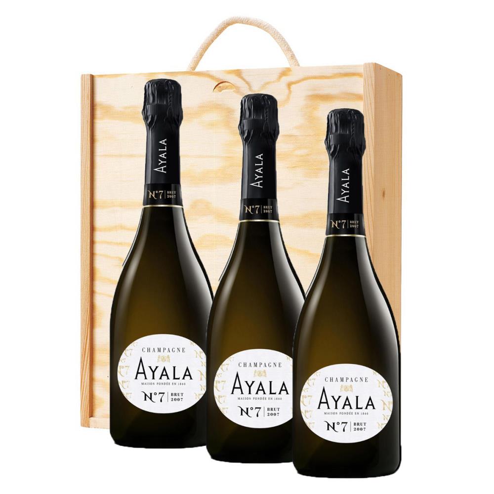 3 x Ayala No7 Brut Champagne 2007 In A Pine Wooden Gift Box